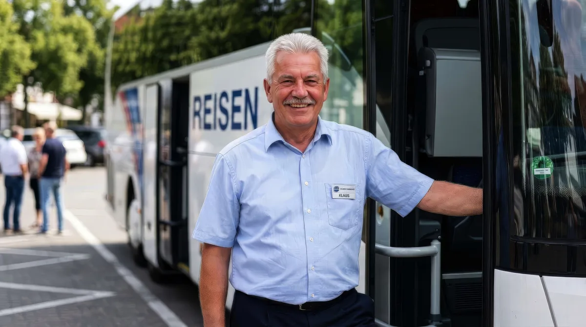 Ein Mann steht lächelnd neben einem Reisebus auf einem Parkplatz.