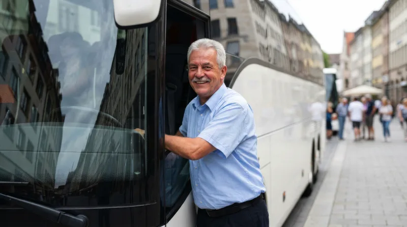 Busfahrer steigt in einen weißen Reisebus ein