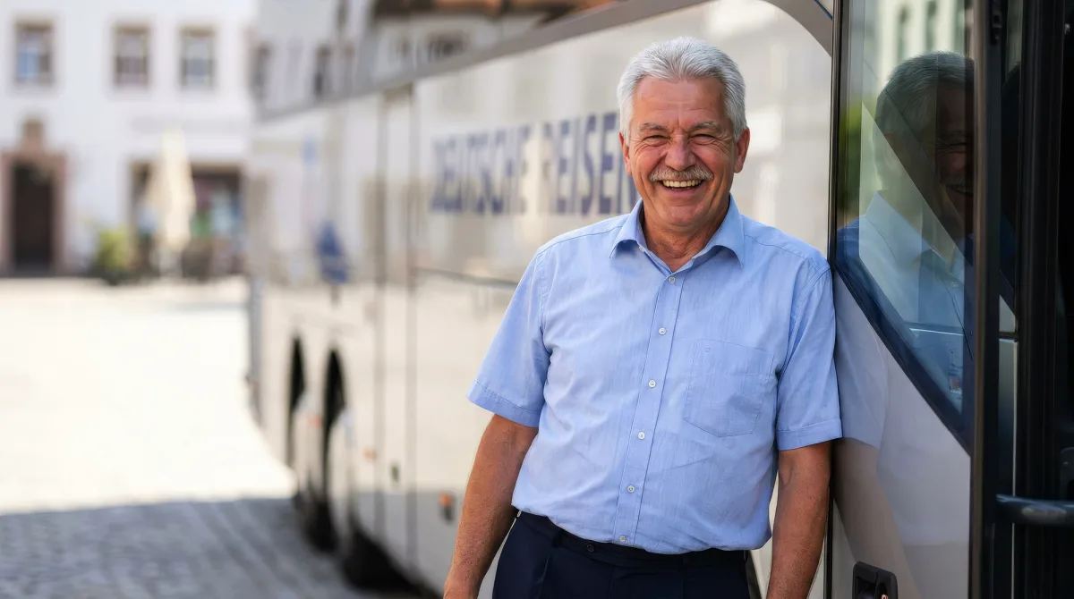 Ein Fahrer steht lächelnd neben einem Reisebus.
