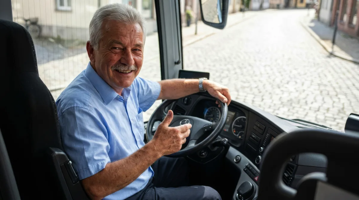 Ein Busfahrer sitzt lächelnd am Steuer eines Reisebusses.