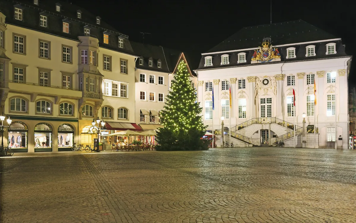 Beleuchteter Weihnachtsbaum auf einem Platz mit historischen Gebäuden bei Nacht.