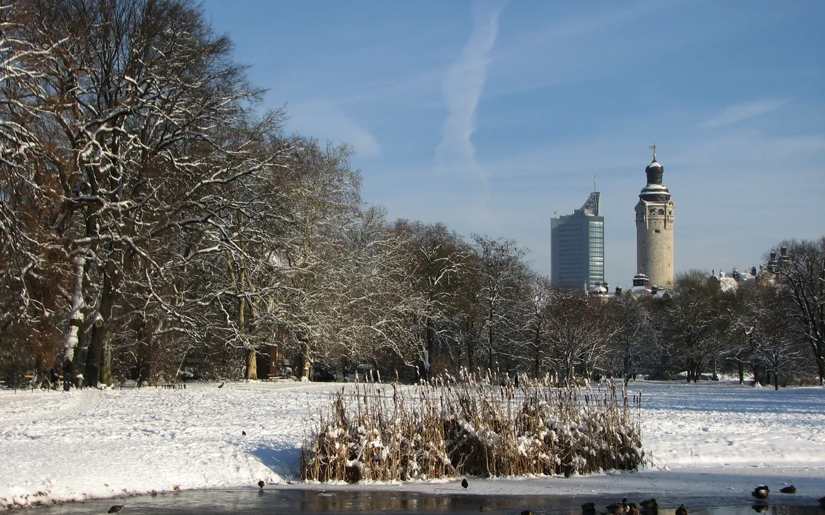 Verschneiter Park mit Teich, Enten und Stadtsilhouette im Hintergrund