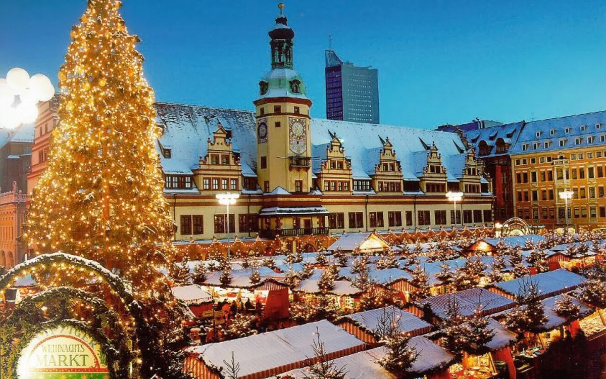 Weihnachtsmarkt bei Nacht mit beleuchtetem Baum und historischen Gebäuden.