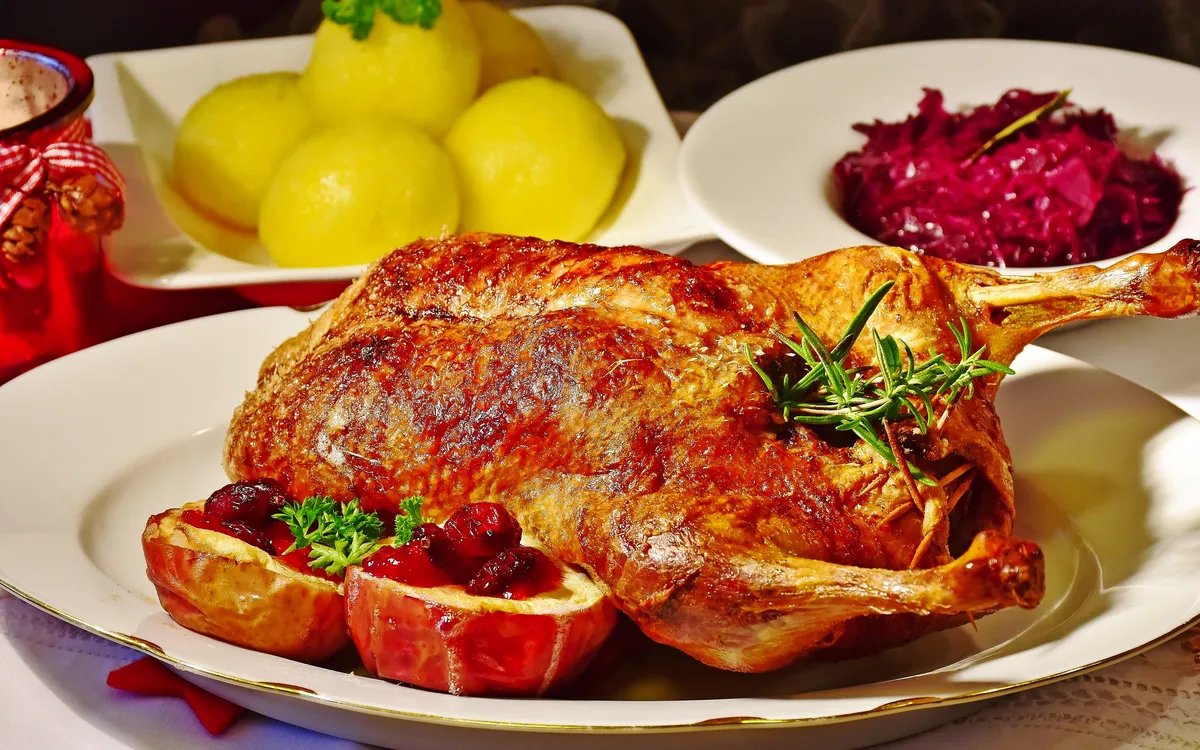 Gebratene Ente mit roten Äpfeln, Kartoffelknödel und Rotkohl auf einem Teller.