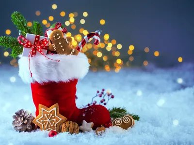 Nikolausstiefel im Schnee mit Lebkuchen und Geschenken vor bokehbeleuchtetem Hintergrund