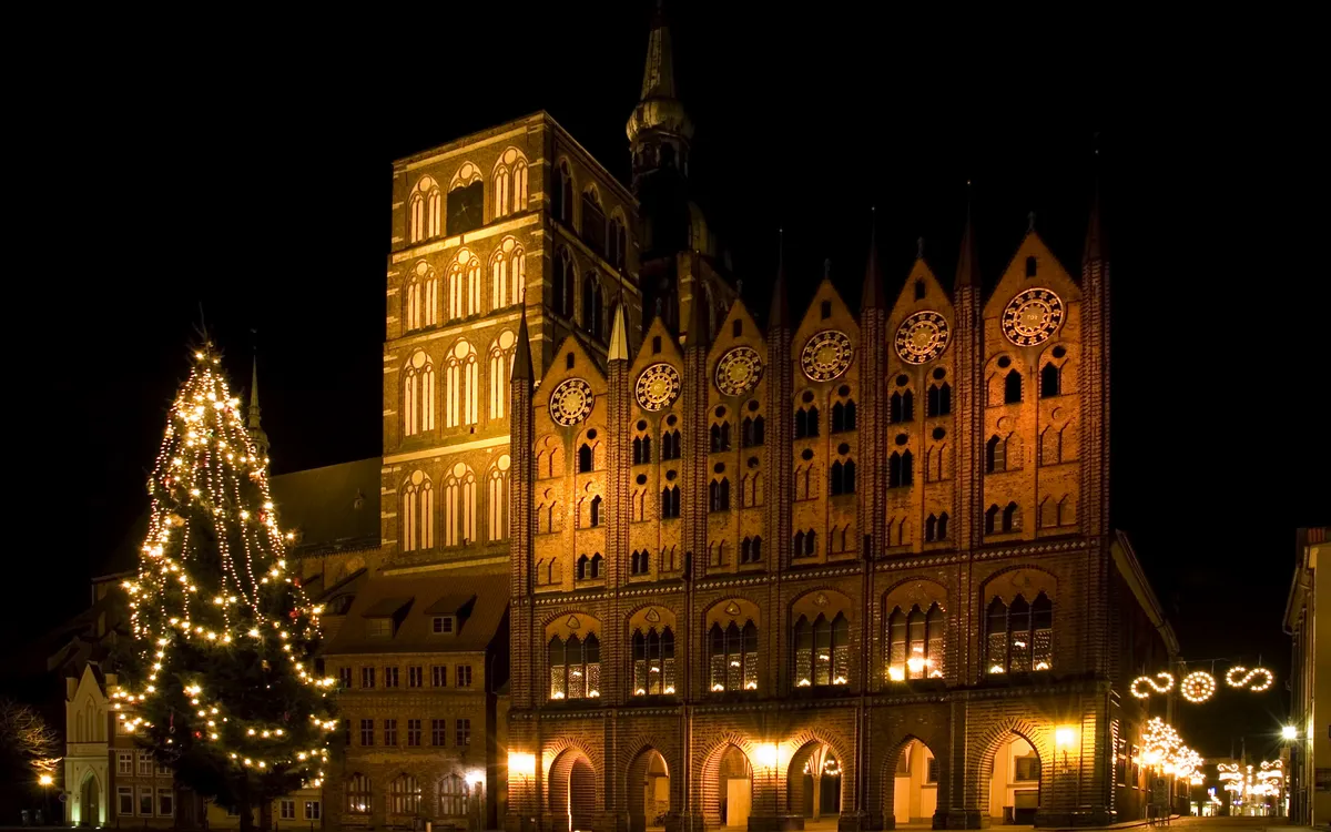 Historisches Gebäude und Weihnachtsbaum bei Nacht.