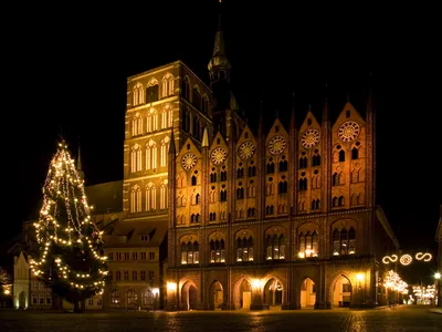 Historisches Gebäude und Weihnachtsbaum bei Nacht.