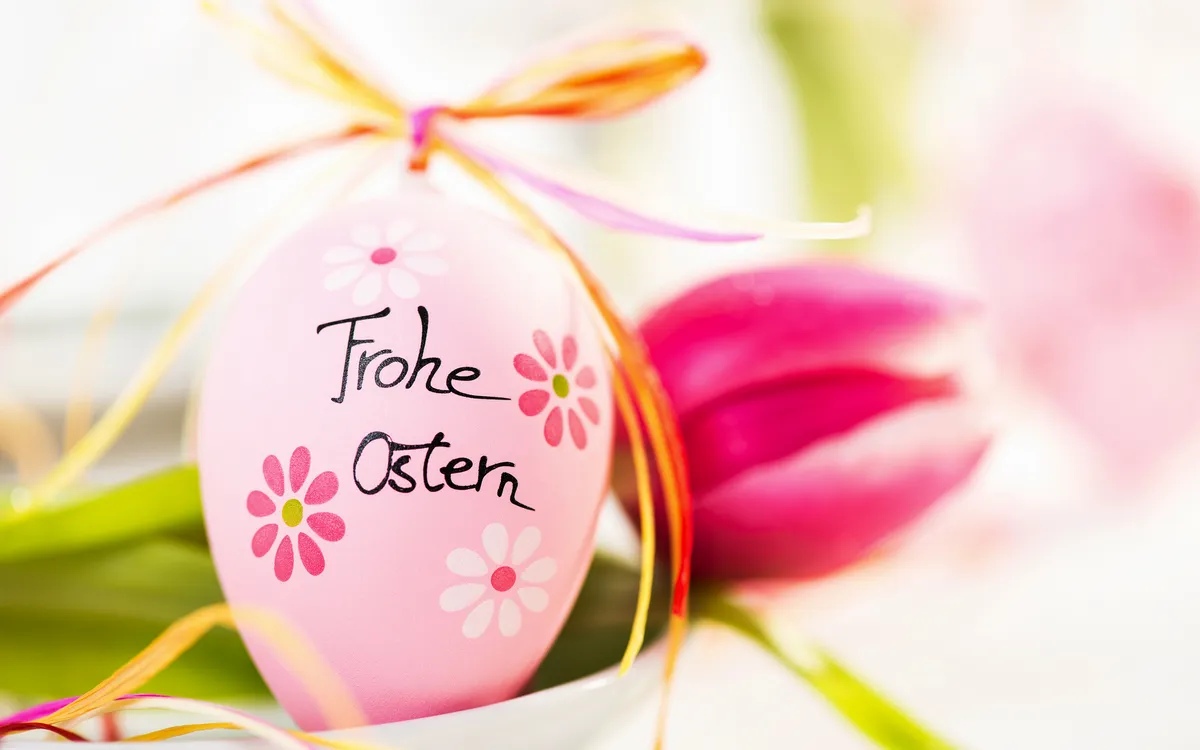 Osterei mit "Frohe Ostern" und Blüten, neben rosa Tulpe.