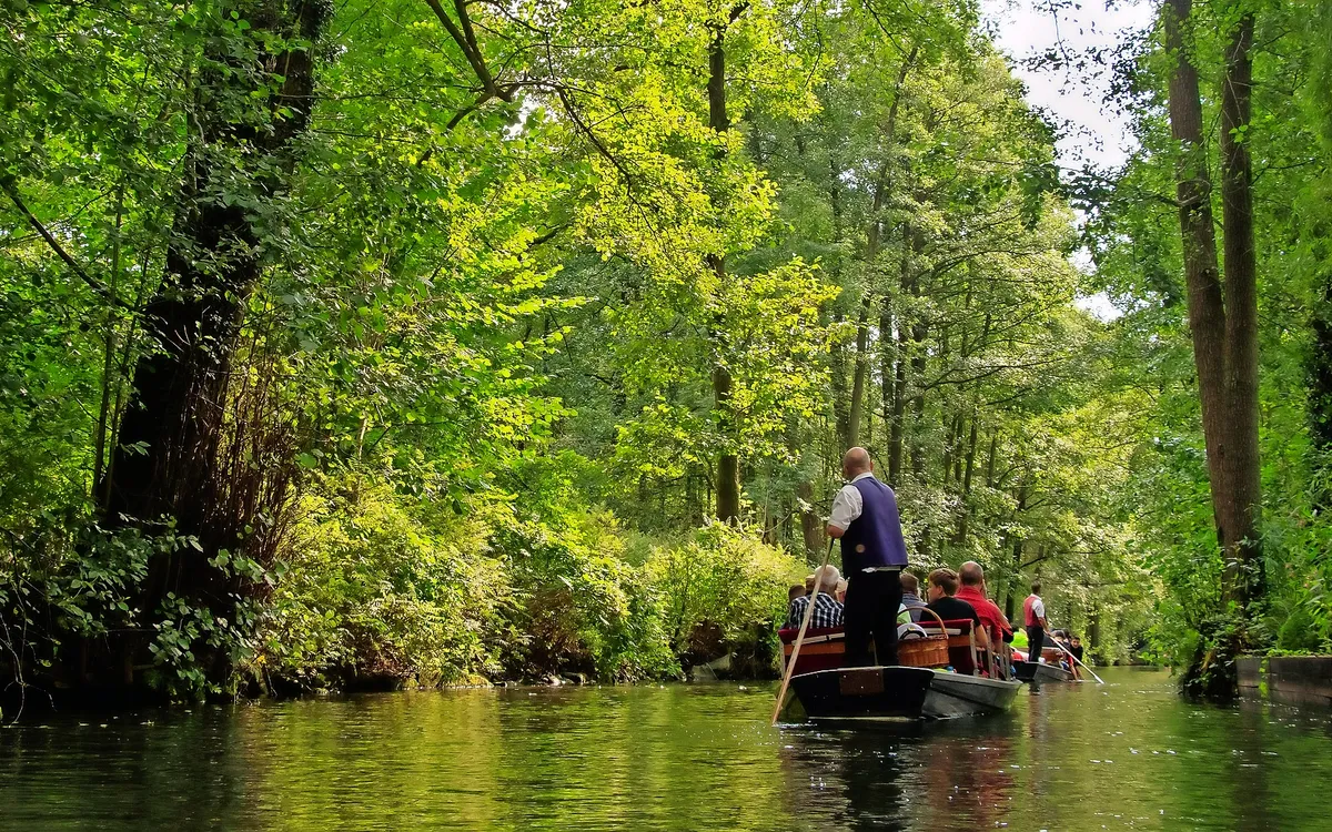Menschen auf einer Bootstour durch den grünen Kanal im Spreewald, Brandenburg.