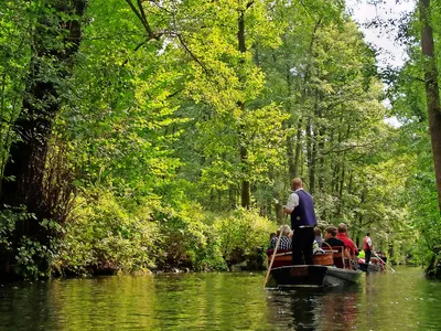 Menschen auf einer Bootstour durch den grünen Kanal im Spreewald, Brandenburg.