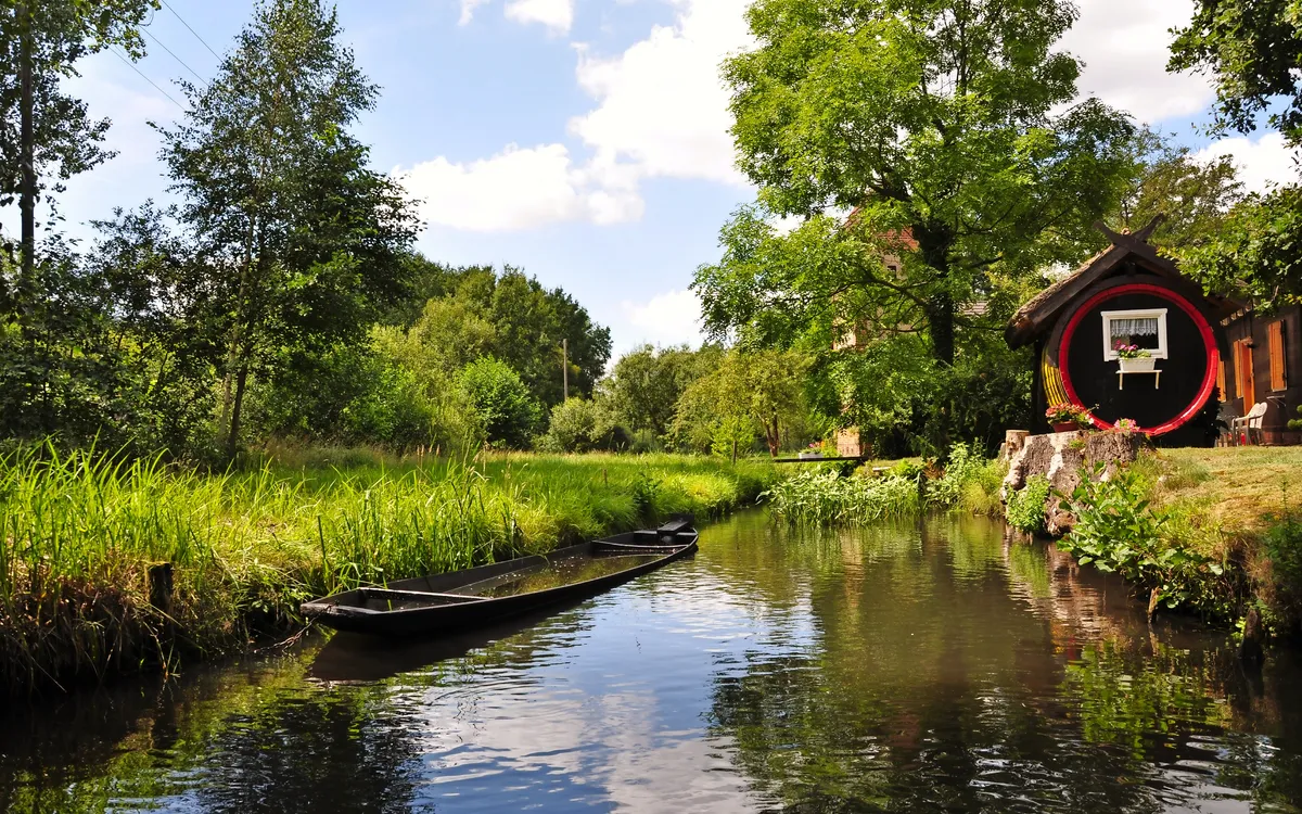 Kahn auf einem Kanal im grünen Spreewald, umgeben von Bäumen und Gras.