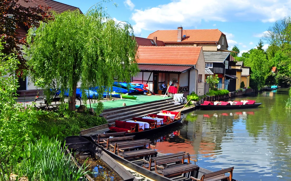 Kähne am Ufer im grünen Spreewald, Deutschland
