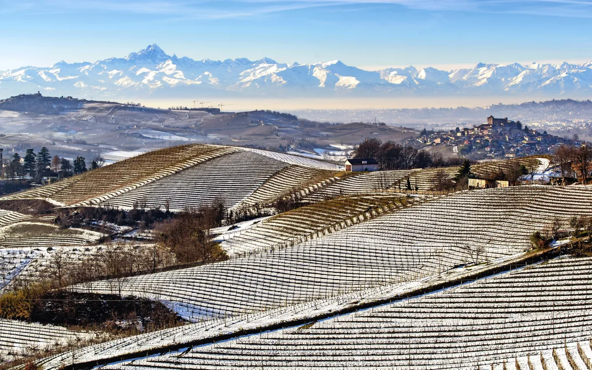 Schneebedeckte Weinberge und ein kleines Dorf vor Bergpanorama.