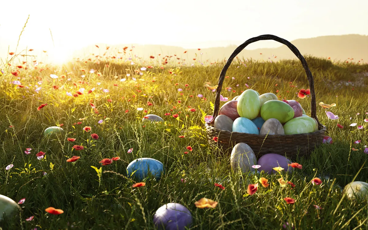Osterkorb mit bunten Eiern in blühender Frühlingswiese bei Sonnenuntergang.