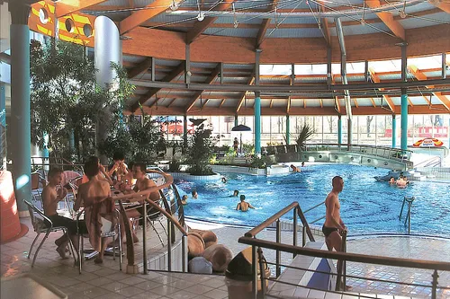 Personen entspannen im Hallenbad mit Pflanzen und großer Glasfassade.