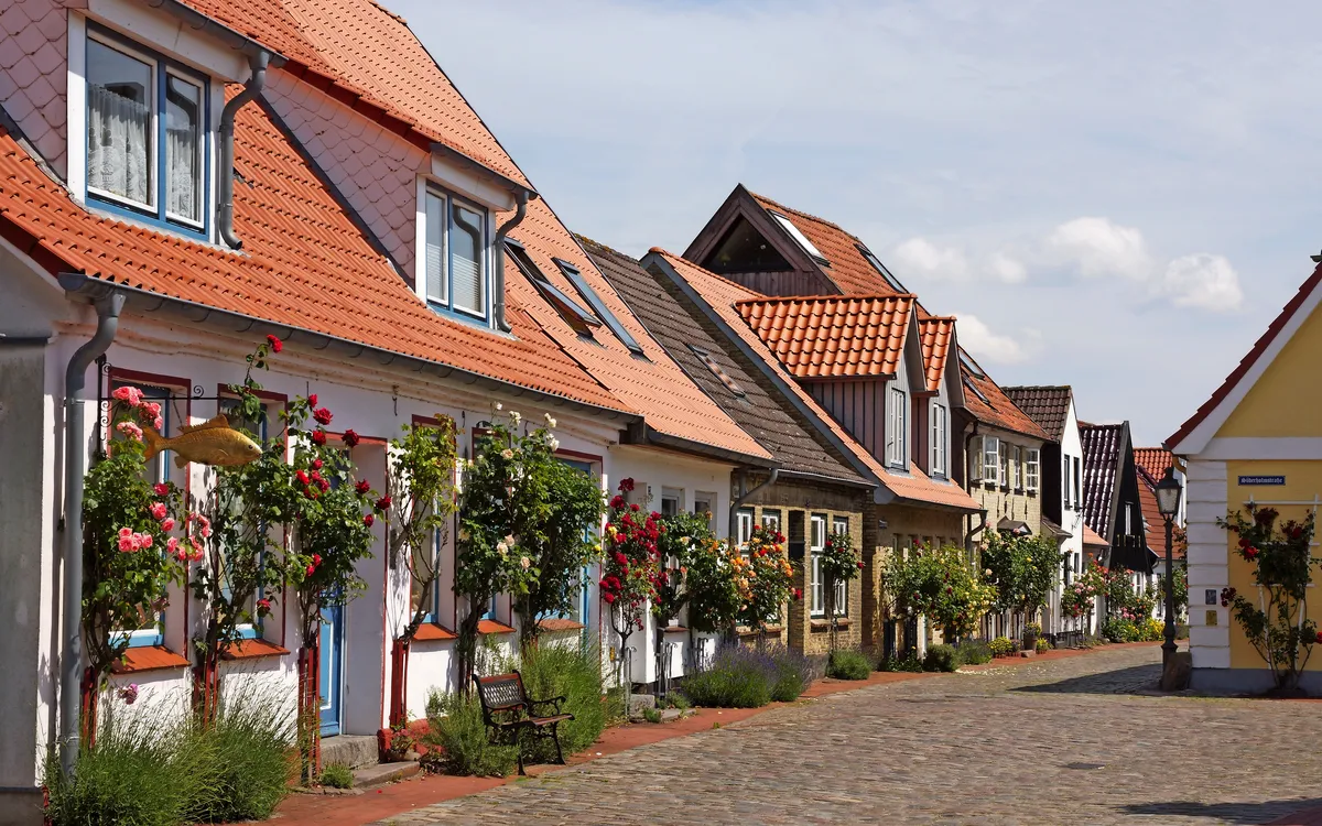 Reihe von charmanten Fachwerkhäusern mit Blumengärten an einer gepflasterten Straße.