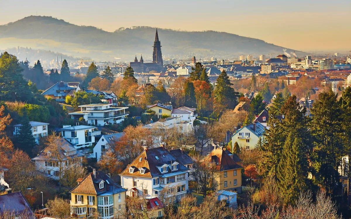 Stadtansicht von Freiburg mit Münster und Schwarzwald im Hintergrund.