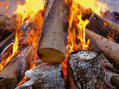 Brennendes Lagerfeuer mit Holzscheiten im Freien.