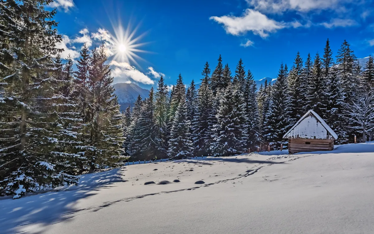 Kleine hölzerne Kabine im Winter in den Bergen bei Sonnenaufgang in der Hohen Tatra, Polen