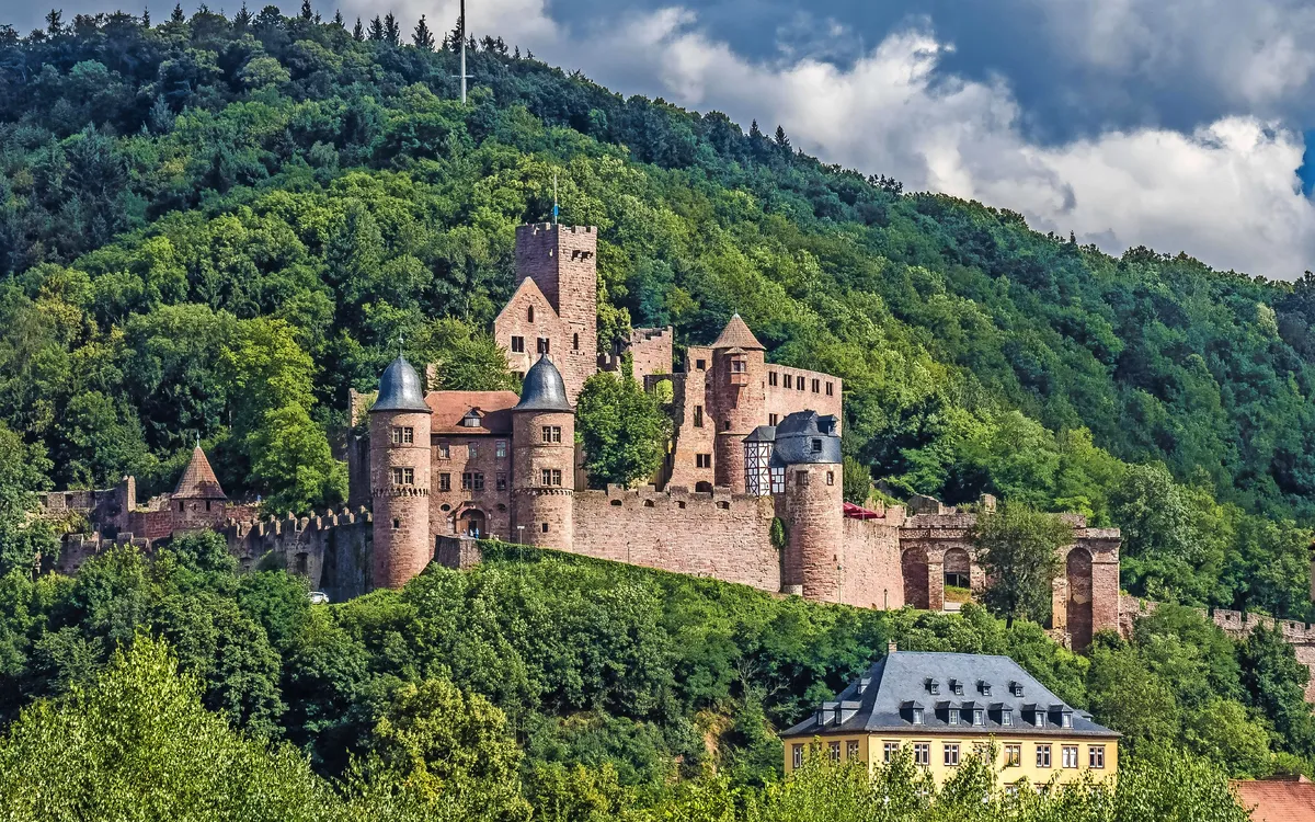 Eine Burg auf einem bewaldeten Hügel bei bewölktem Himmel.