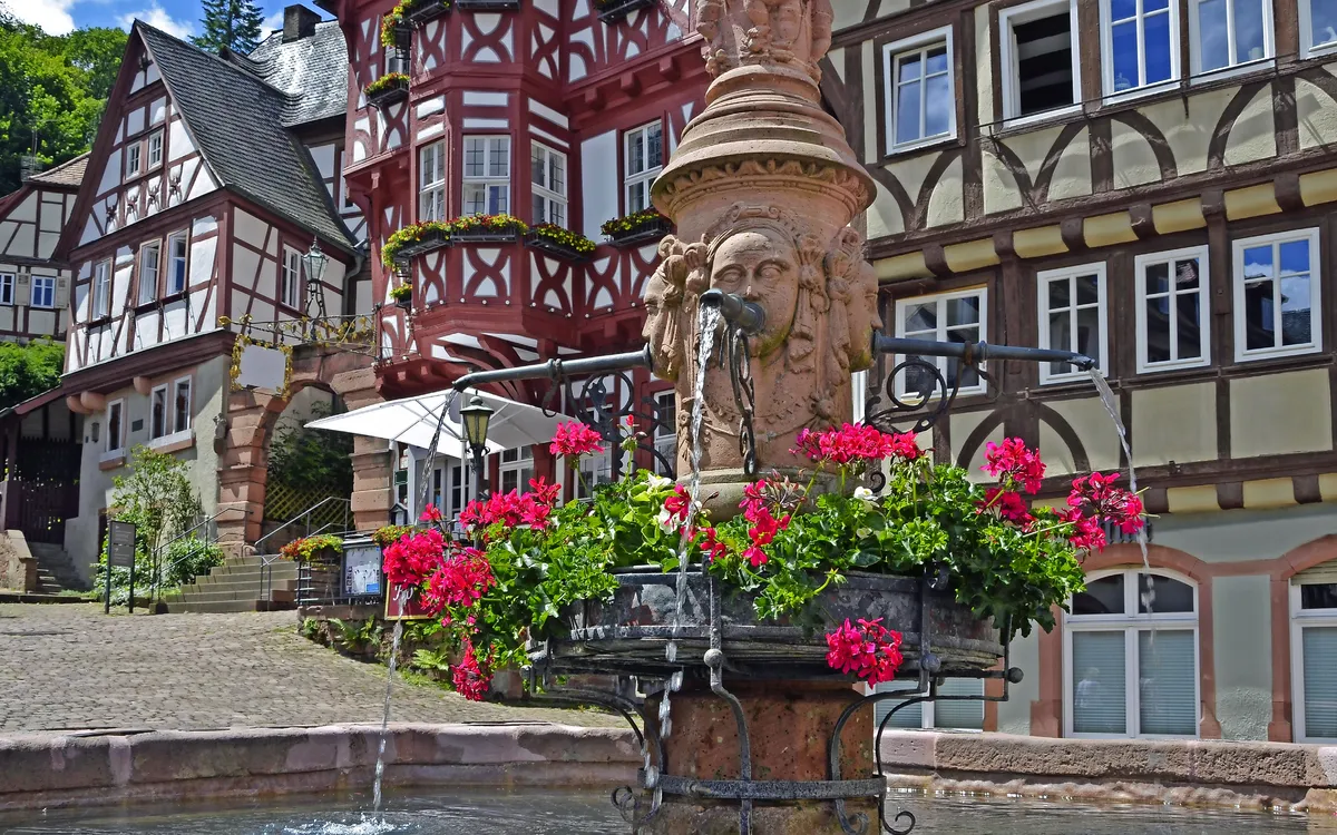 Ein historischer Brunnen mit Blumenverzierungen in einer Altstadt mit Fachwerkhäusern.