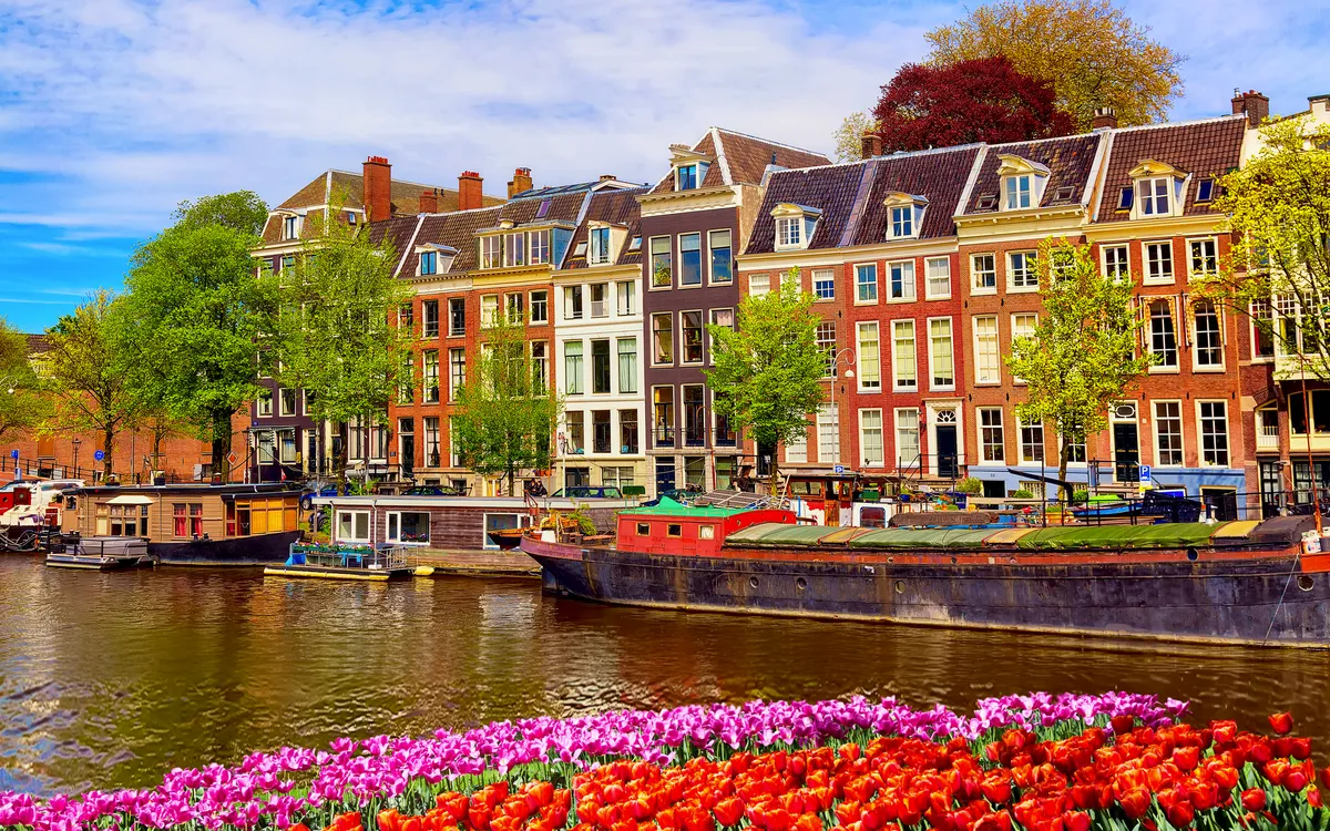 Grachten in Amsterdam im Sommer mit Giebelfassaden und Blumen im Vordergrund