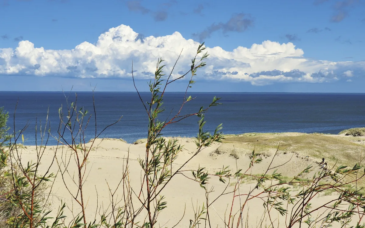 Sanddünen und Meer an der Kurischen Nehrung unter blauem Himmel