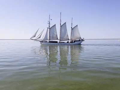 Segelschiff im Außenhafen von Enkhuizen bei ruhigem Wasser und klarem Himmel.