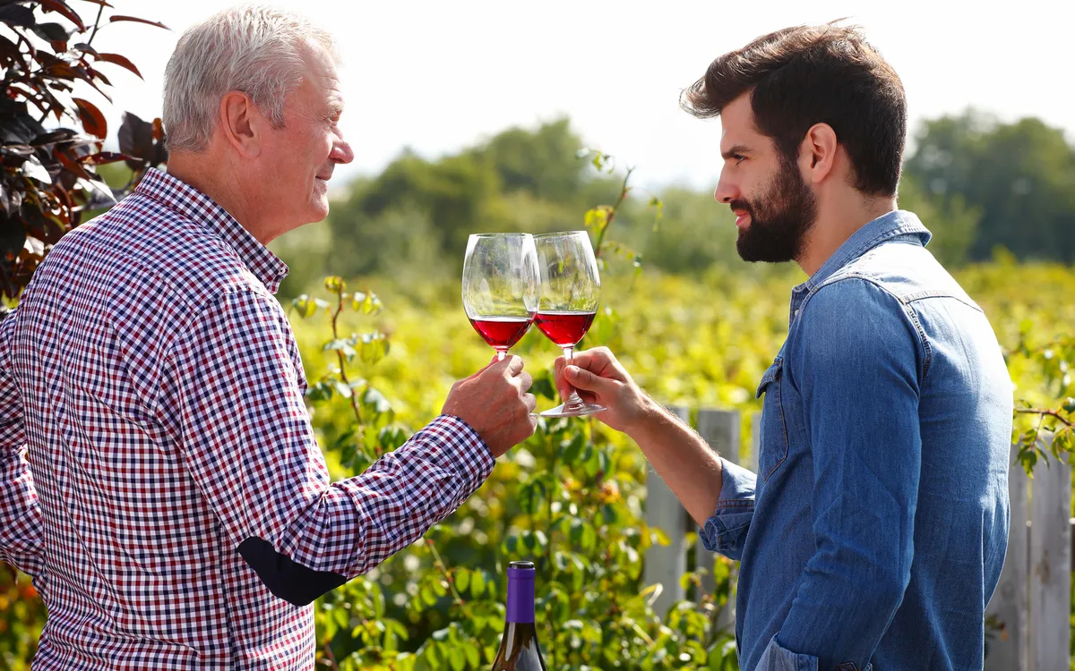 Älterer und jüngerer Mann stoßen mit Weingläsern an, im Hintergrund ein Weinberg.