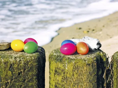 Bunte Ostereier auf Pfählen am Strand mit Meer im Hintergrund.