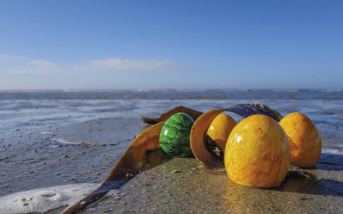 Bunte Ostereier am Sandstrand mit Blick auf das Meer und den Horizont.